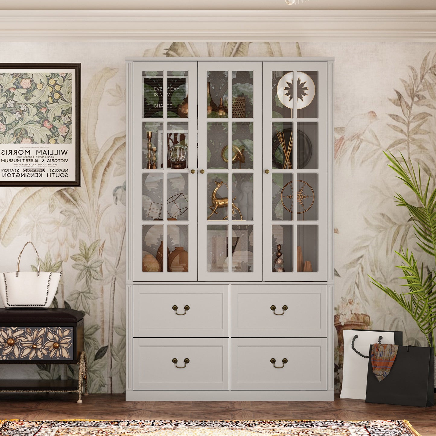 Grande bibliothèque vitrine avec étagères de rangement, 3 portes vitrées et 4 tiroirs avec poignées en métal