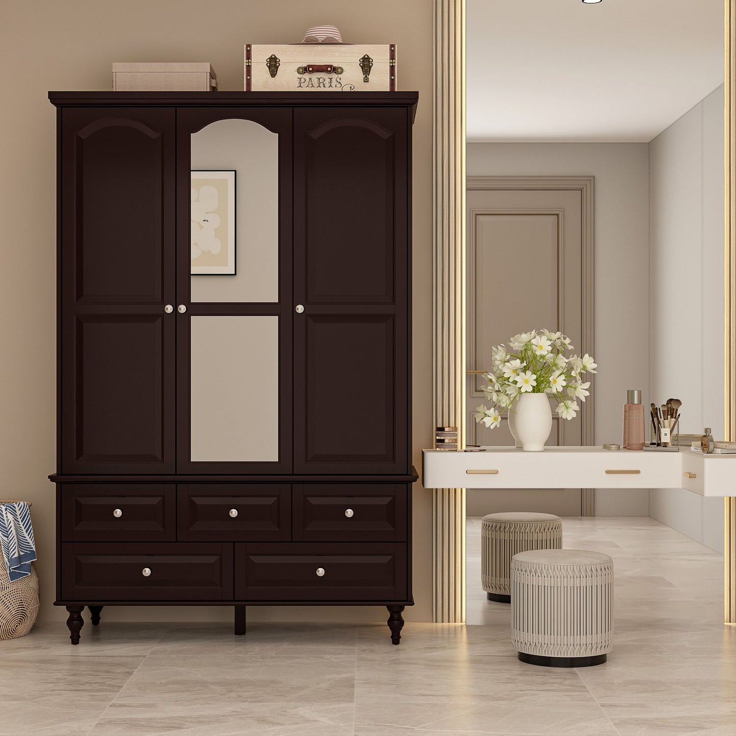 Grande armoire de rangement avec 3 portes et 5 tiroirs
