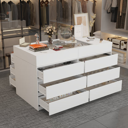 Commode à 12 tiroirs et 1 étagère, au design élégant et au plateau en verre trempé