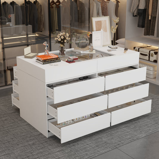 Commode à 12 tiroirs et 1 étagère, au design élégant et au plateau en verre trempé