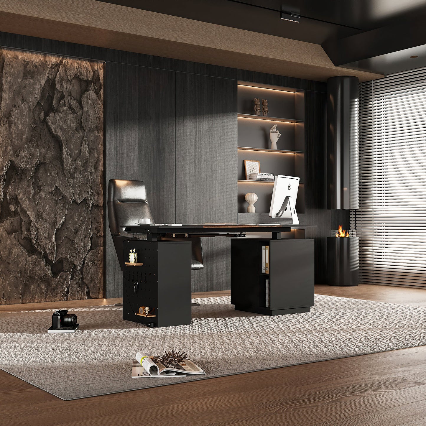 Bureau électrique moderne à hauteur réglable avec deux modules de rangement et un panneau perforé organisateur