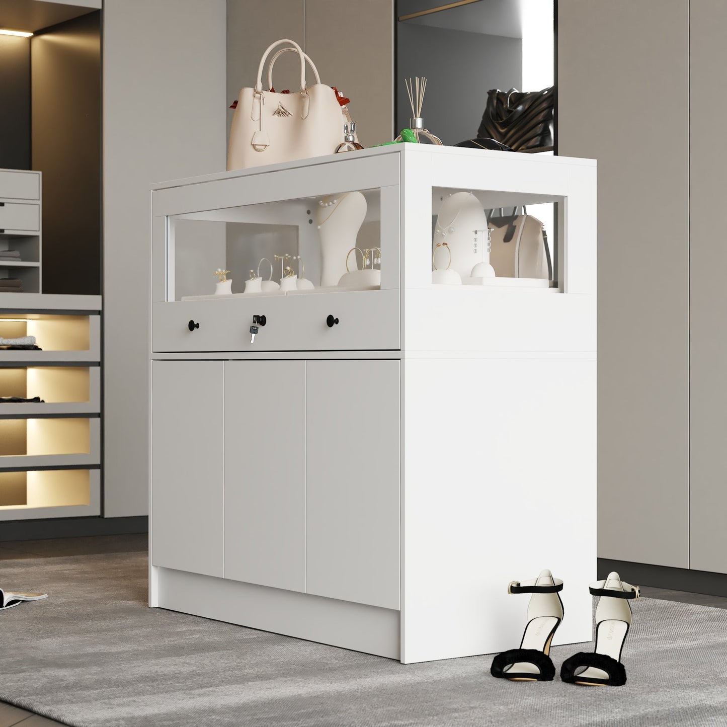 Armoire à bijoux à 1 tiroir et 3 portes avec plateau en verre trempé