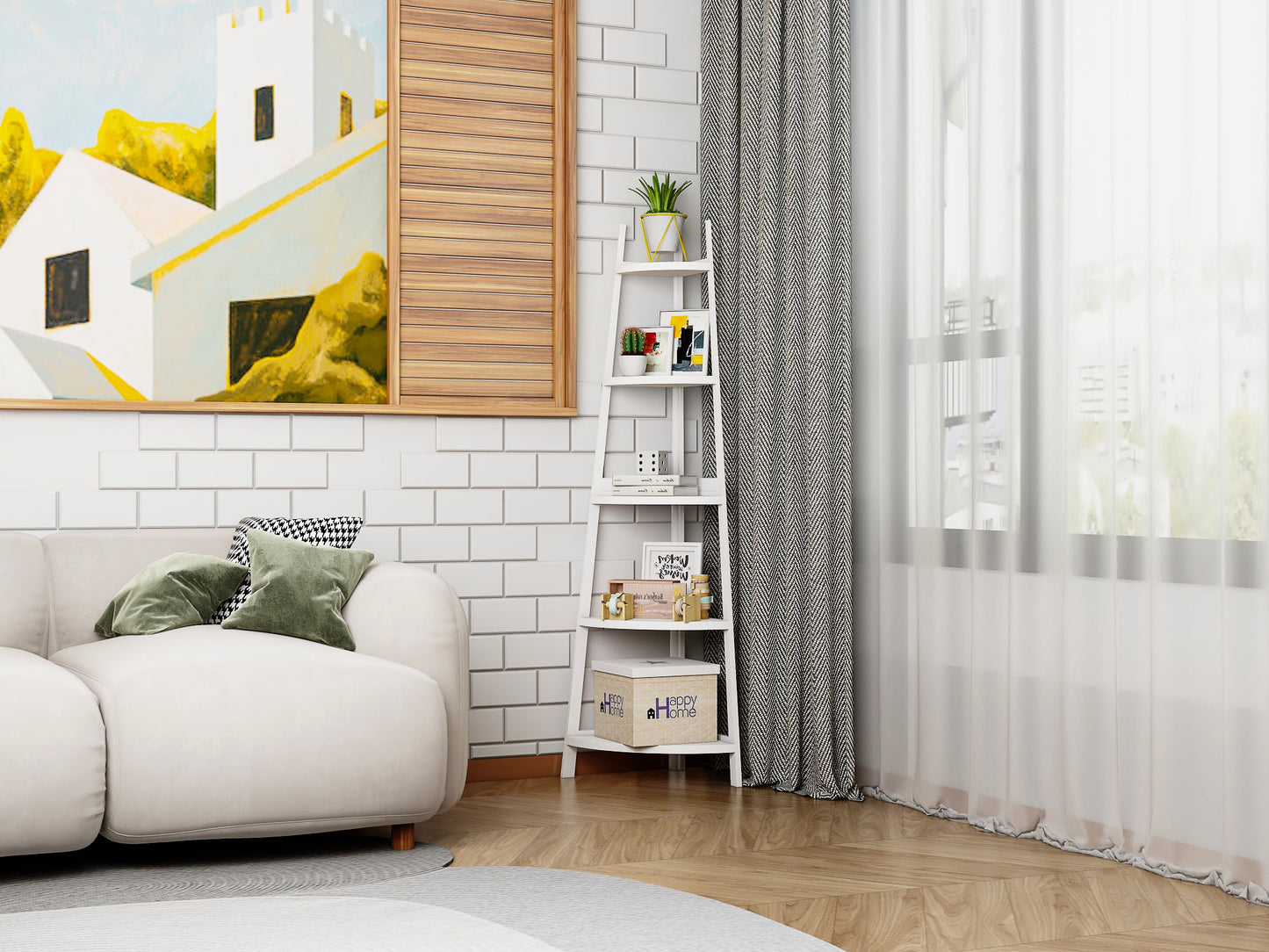 Étagère d'angle rustique à 5 niveaux, bibliothèque d'angle industrielle, étagère échelle, support pour plantes pour salon 