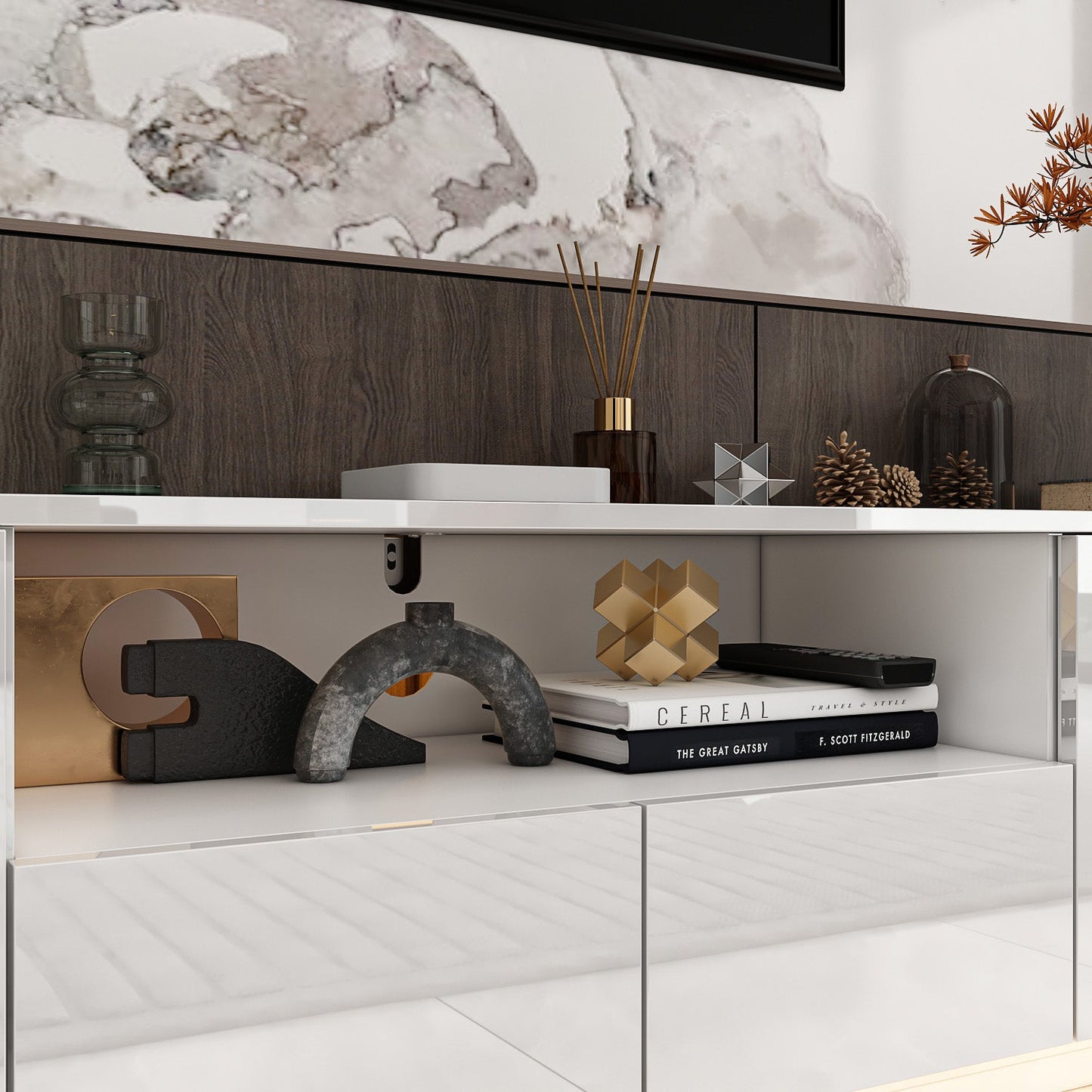 Meuble TV LED, console, centre multimédia, finition brillante