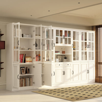 Vitrine d'angle avec étagère de rangement et bibliothèque, combinant 4 portes vitrées et 2 tiroirs