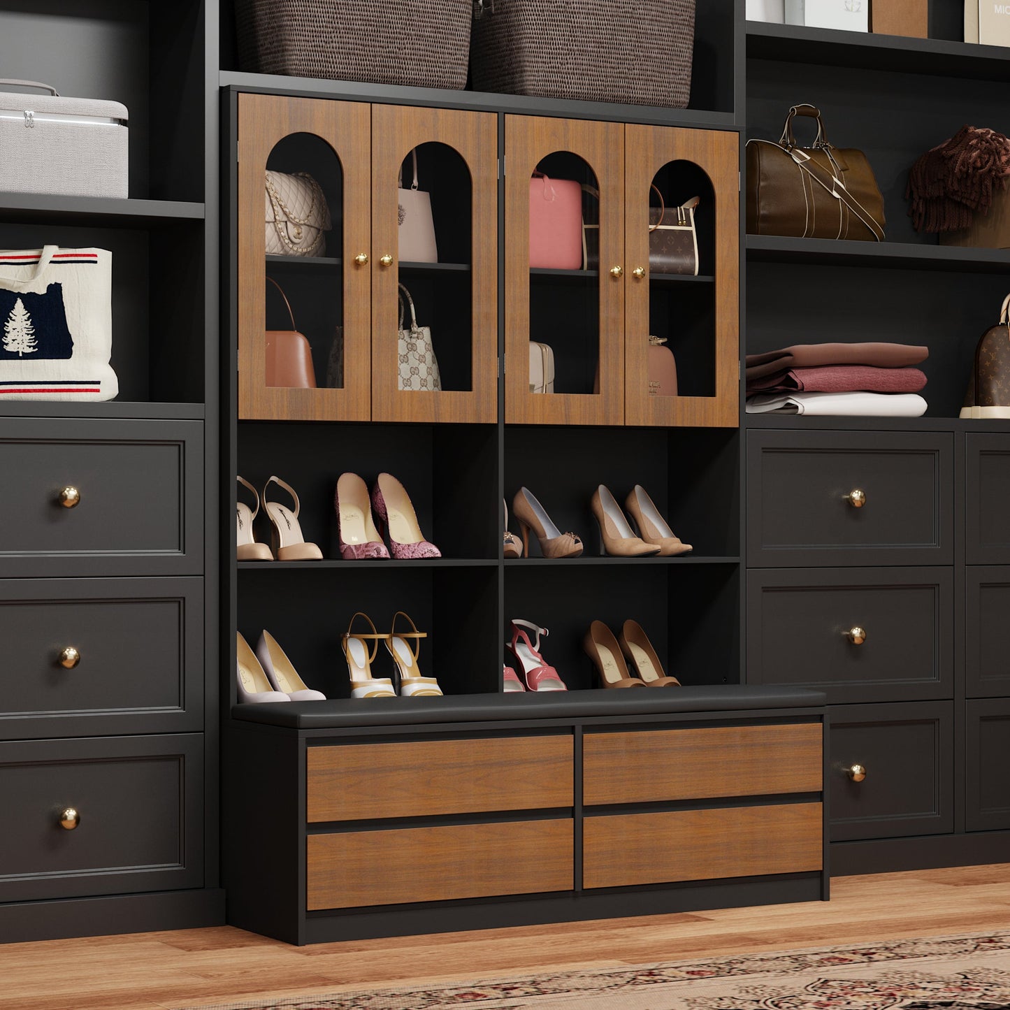 Système de dressing à 4 portes vitrées et 4 tiroirs avec banc de rangement pour chaussures