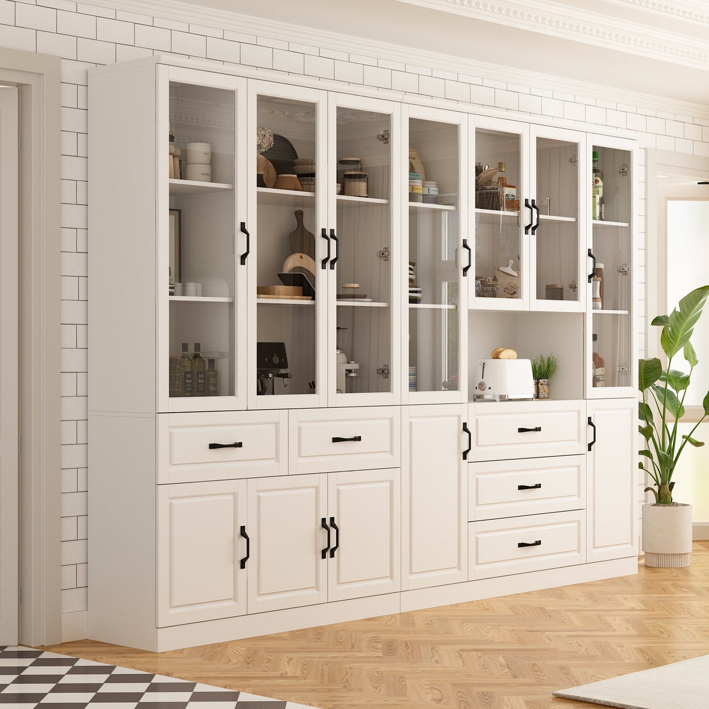 Grande vitrine d'angle avec étagère de rangement et bibliothèque combinées