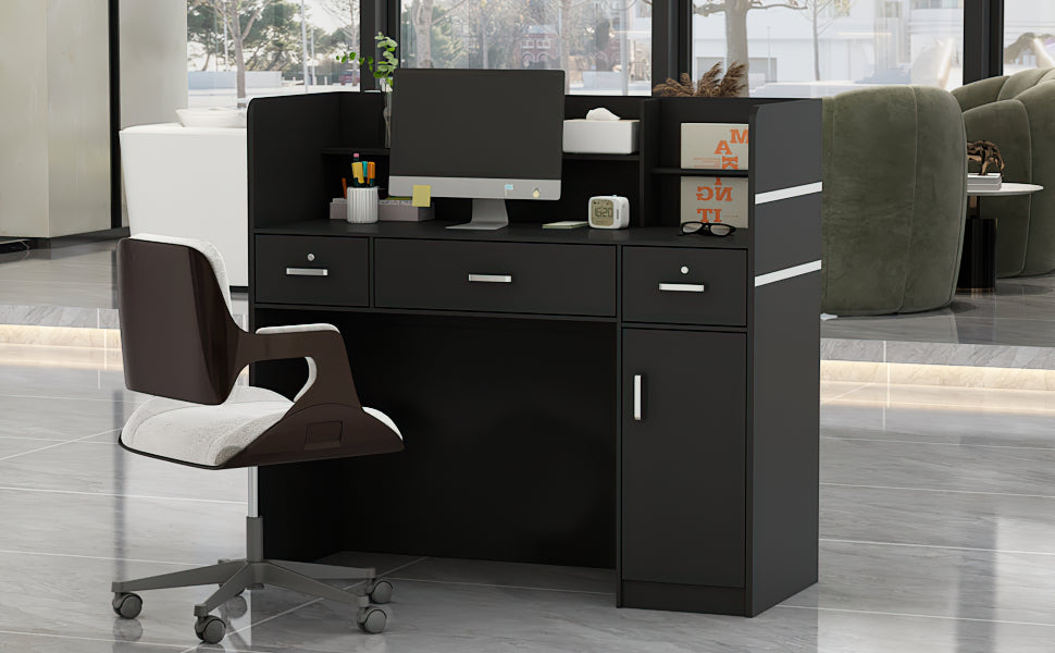 Bureau d'accueil moderne en bois avec armoire de rangement verrouillable, 47 pouces de large. 