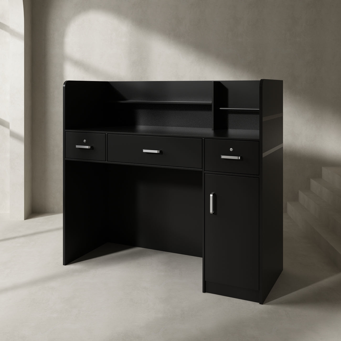 Bureau d'accueil moderne en bois avec armoire de rangement verrouillable, 47 pouces de large. 