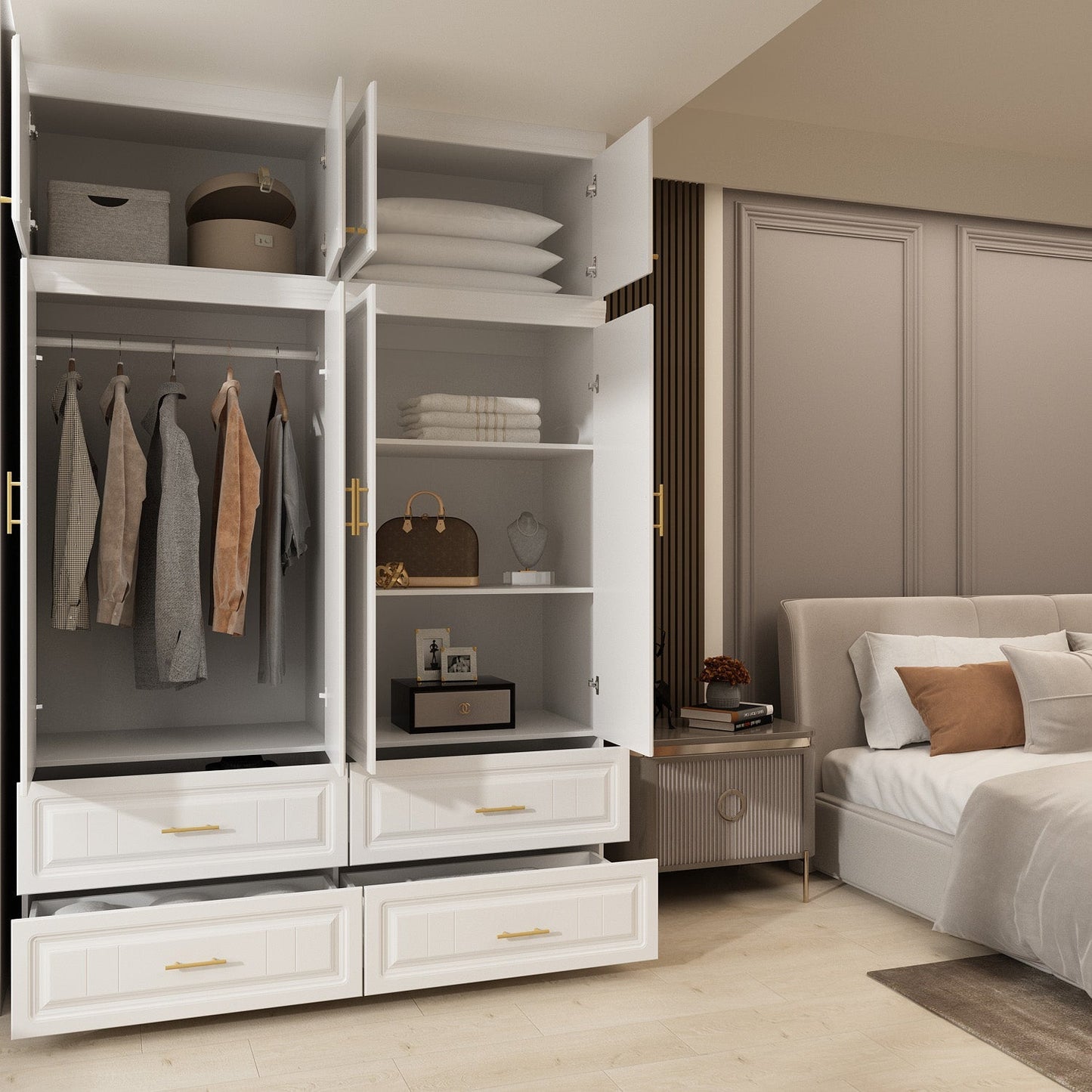 Armoire familiale, armoire de chambre, dressing à 4 portes et tiroirs