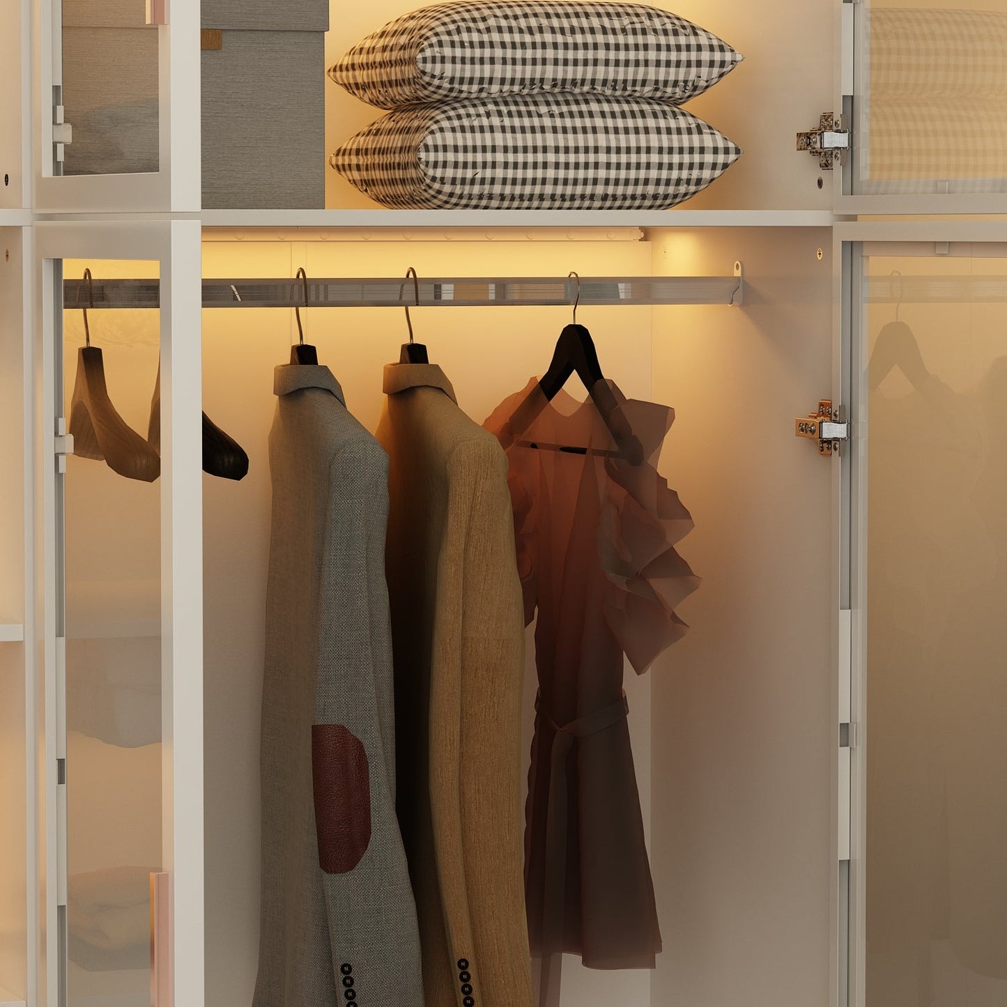 Grande armoire de chambre à coucher avec rangement pour vêtements, éclairage LED et portes vitrées