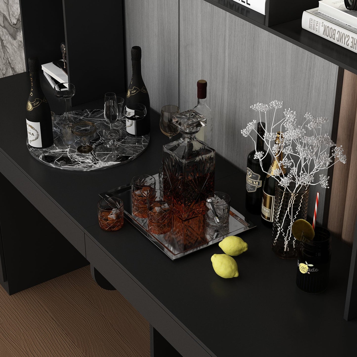 Bureau d'ordinateur de 90,6 pouces de large avec armoires vitrées