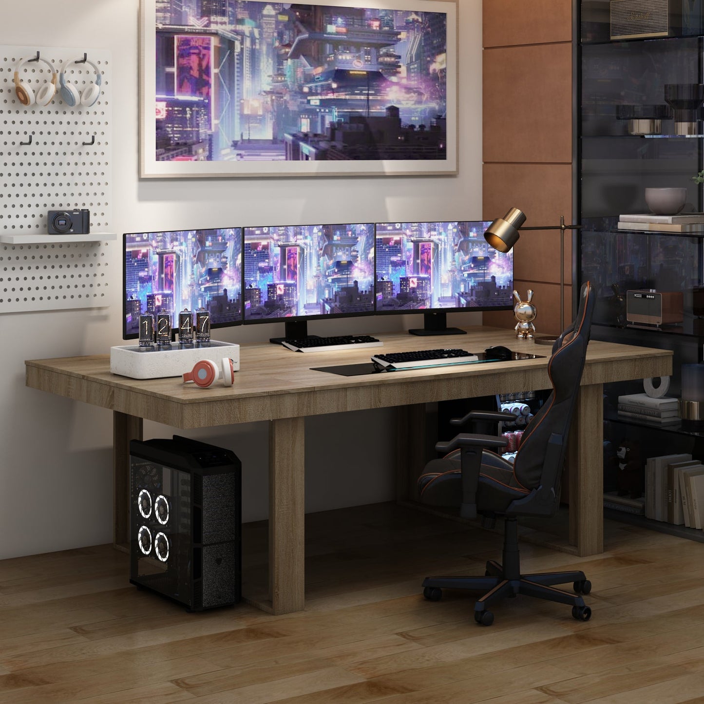 Grande table de conférence, bureau gaming avec finition bois pour réception