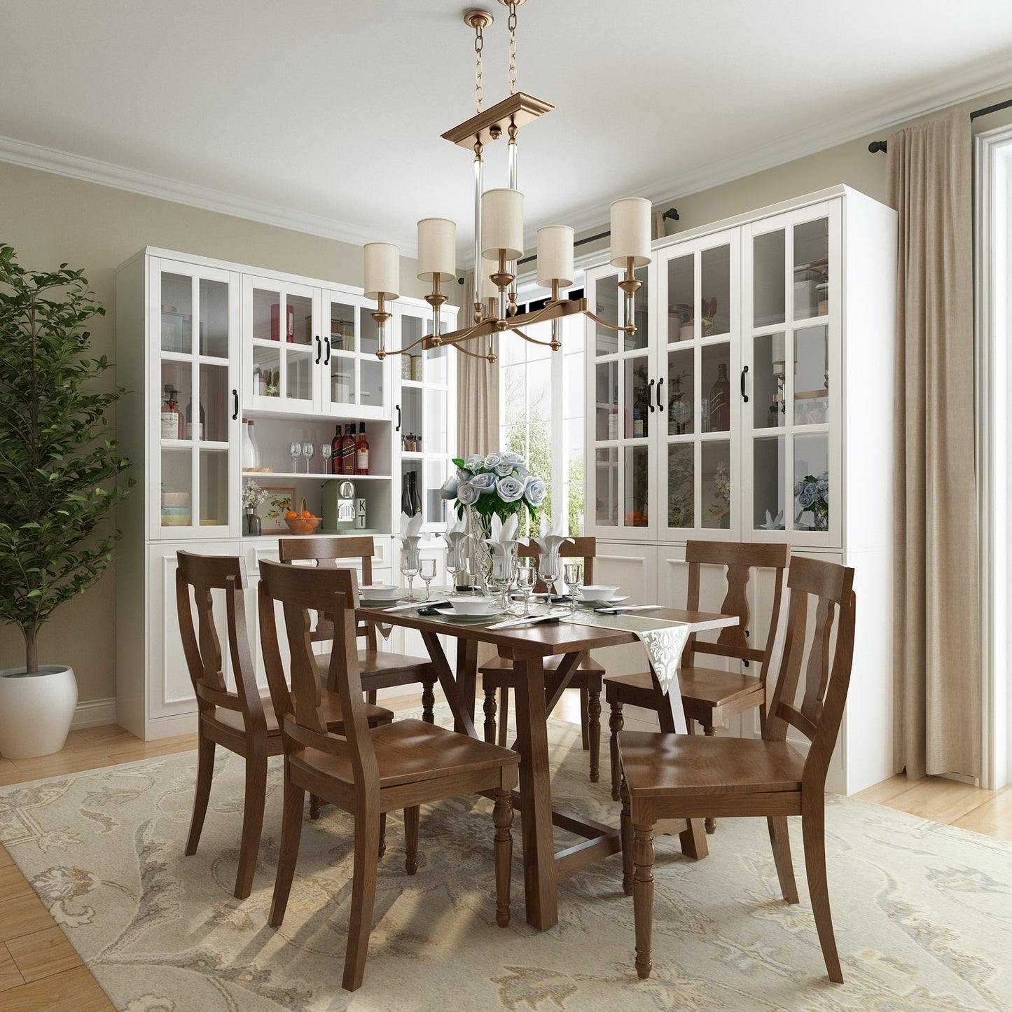 Vitrine d'angle avec étagère de rangement et bibliothèque, combinant 4 portes vitrées et 2 tiroirs