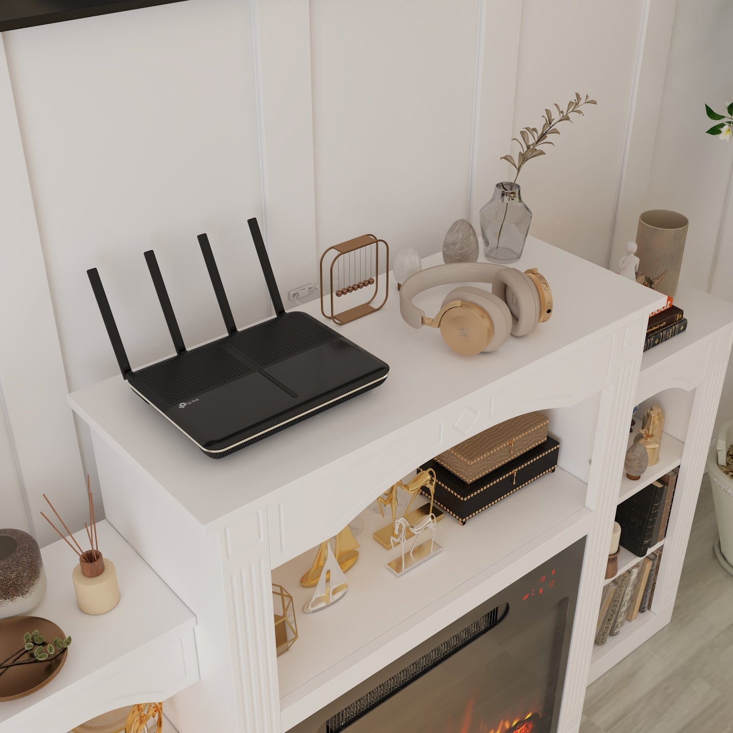 Meuble TV avec cheminée chauffante blanche de 150 cm de large, étagères ouvertes et minuterie