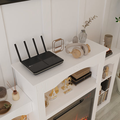 Meuble TV avec cheminée chauffante blanche de 150 cm de large, étagères ouvertes et minuterie