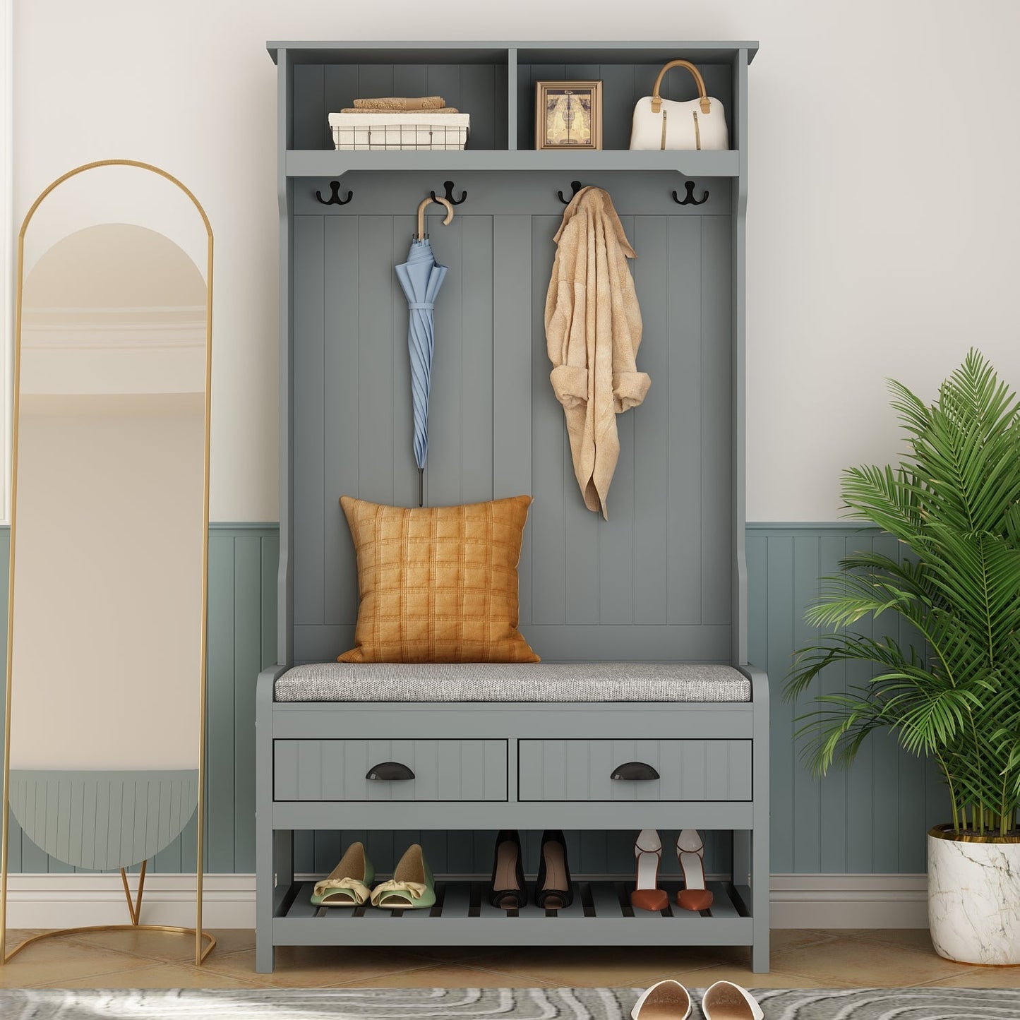 Meuble d'entrée moderne 4 en 1 avec banc de rangement, porte-manteau, étagères et tiroirs pour entrée ou salon