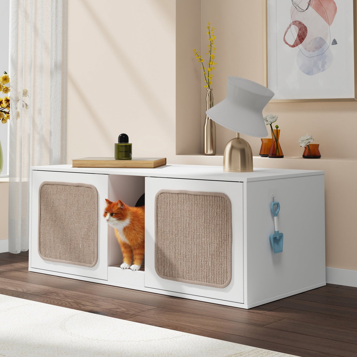 Enclos double pour litière avec portes en sisal et rangement