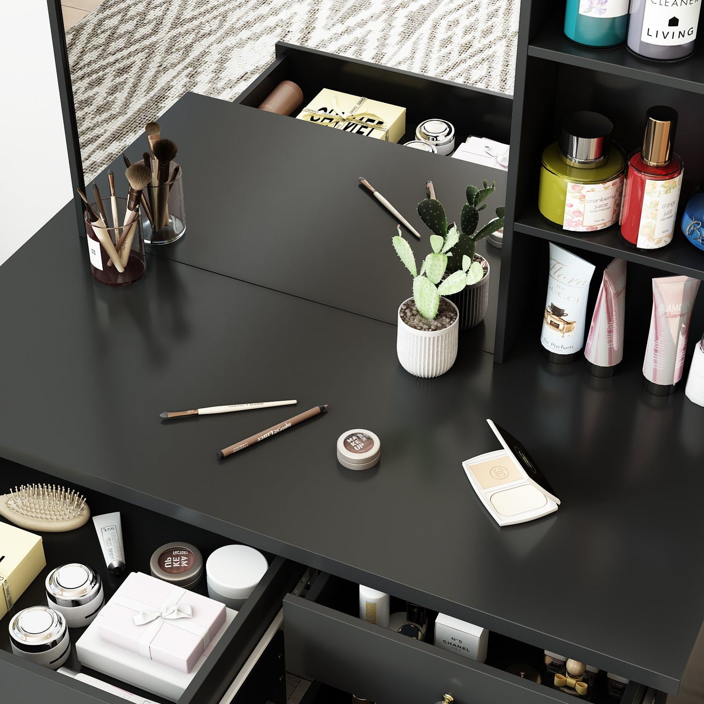 Ensemble coiffeuse avec miroir coulissant éclairé, tabouret rembourré, 5 tiroirs et étagères