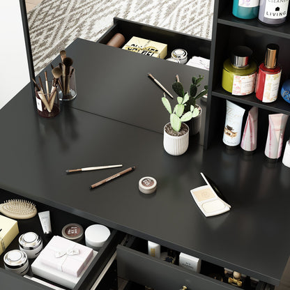 Ensemble coiffeuse avec miroir coulissant éclairé, tabouret rembourré, 5 tiroirs et étagères