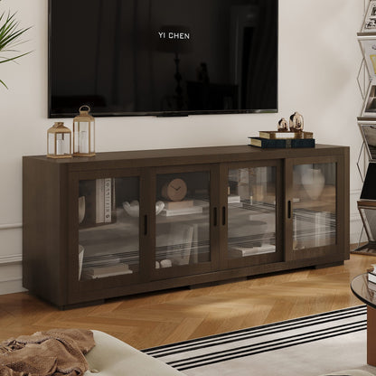 Meuble TV de rangement de 66 pouces de large avec portes coulissantes en verre