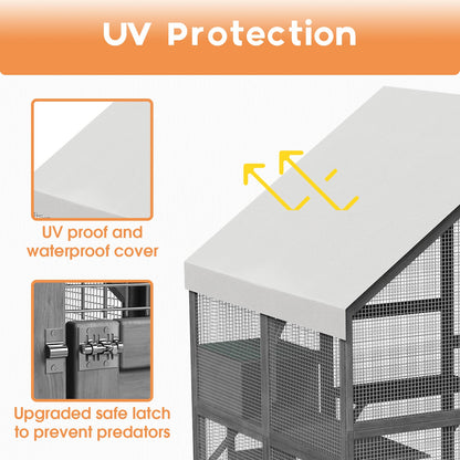 Grand enclos extérieur en bois pour chats, comprenant des niches, des ponts et des allées.