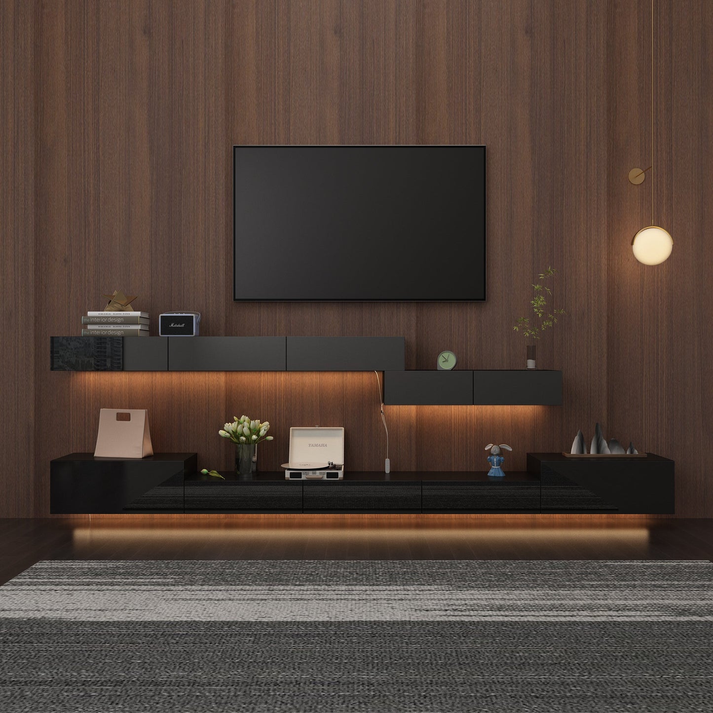 Meuble TV 2 pièces laqué brillant avec éclairage