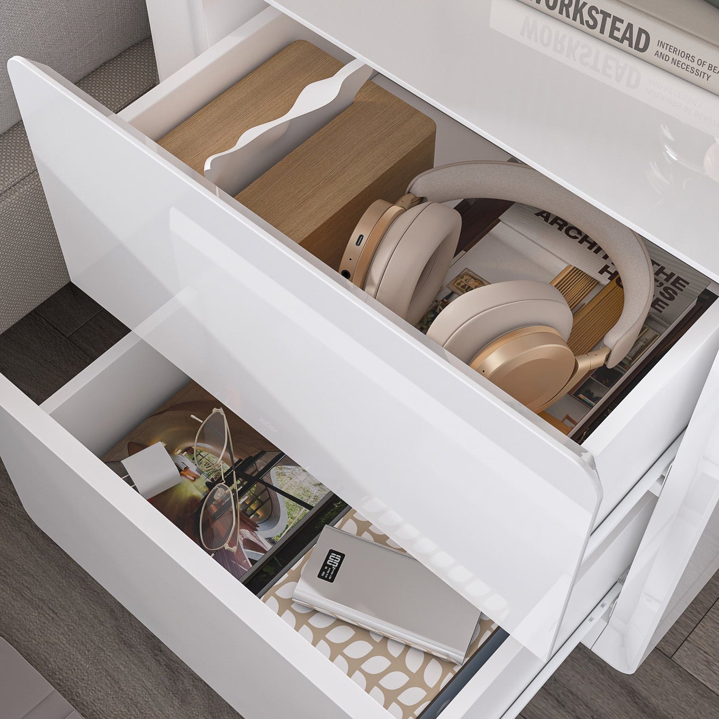 Table de chevet laquée brillante avec éclairage LED et 2 tiroirs