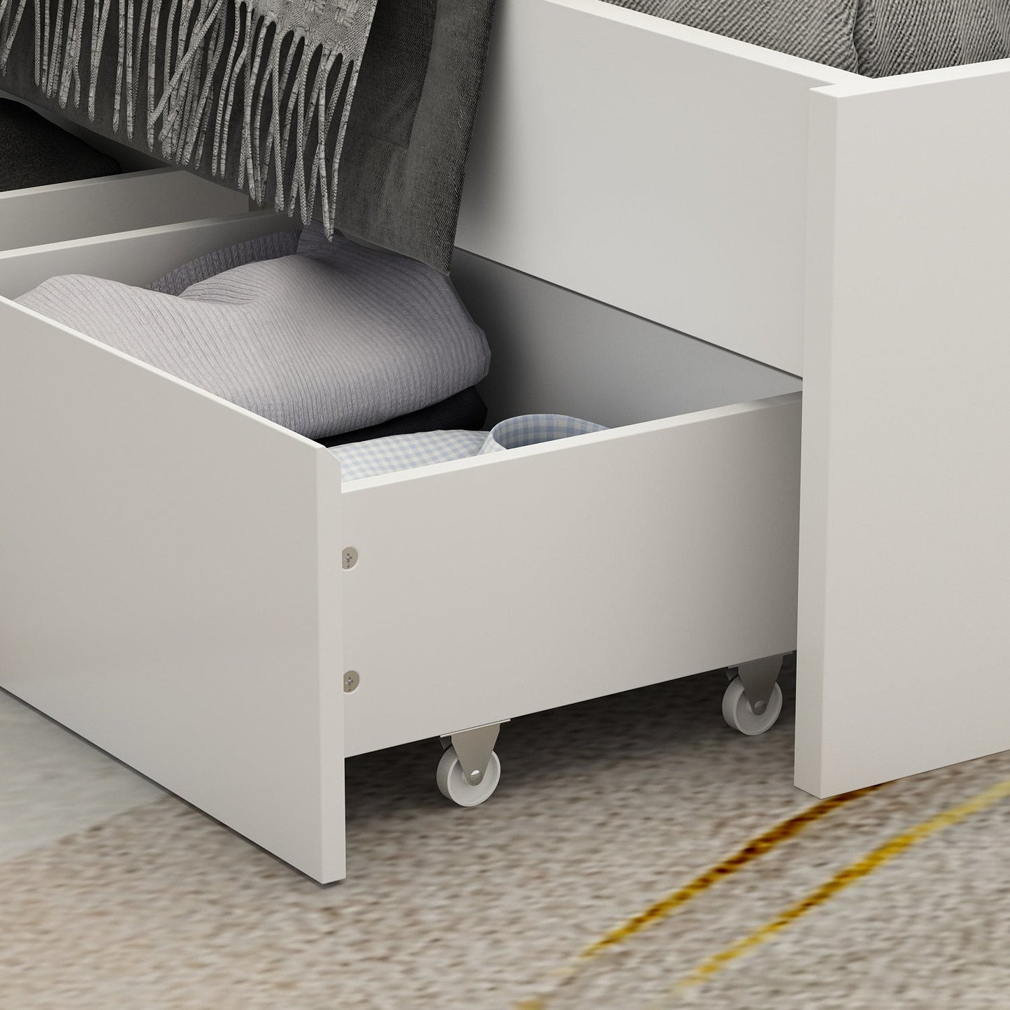 Lit plateforme Queen avec rangement, tête de lit de rangement et 2 tiroirs