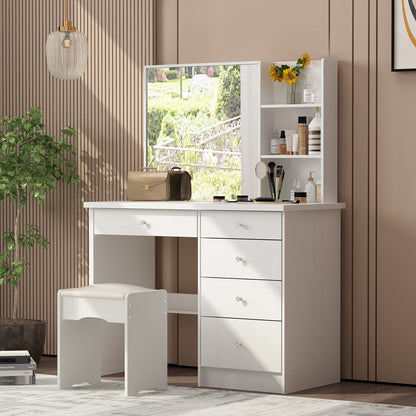 Ensemble coiffeuse avec miroir coulissant éclairé, tabouret rembourré, 5 tiroirs et étagères