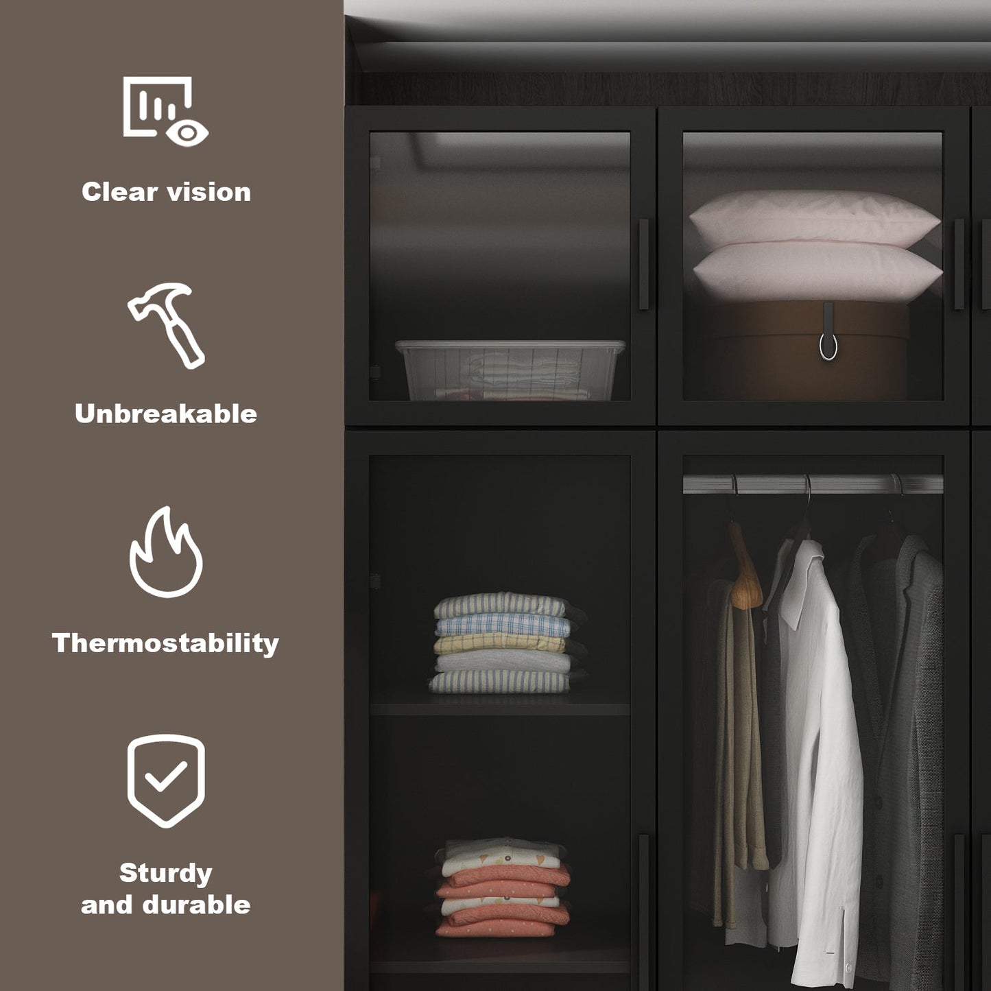 Grande armoire de chambre à coucher avec rangement pour vêtements, éclairage LED et portes vitrées