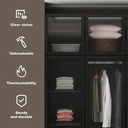 Grande armoire de chambre à coucher avec rangement pour vêtements, éclairage LED et portes vitrées