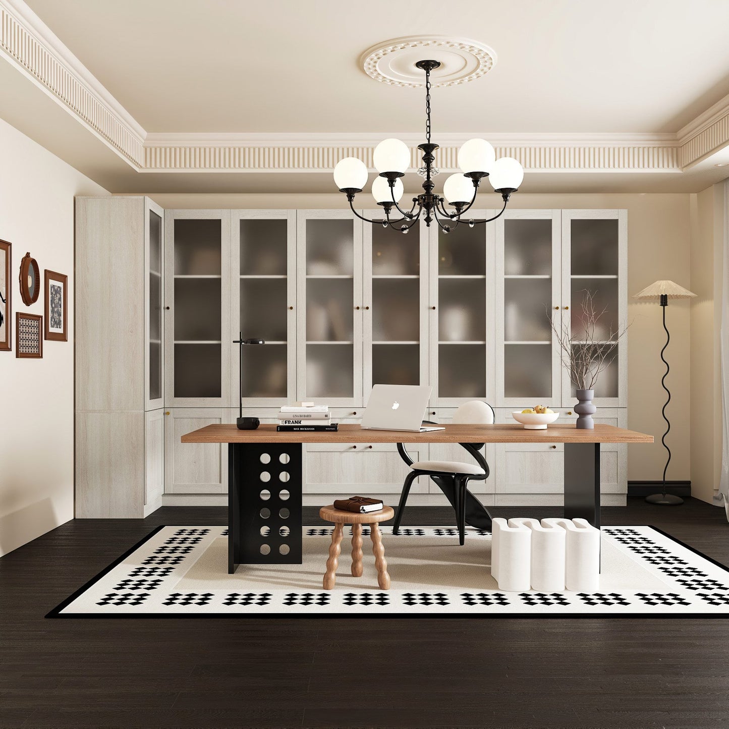 Bibliothèque modulaire à 4 tiroirs avec portes en verre dépoli, 71 po H x 126 po L