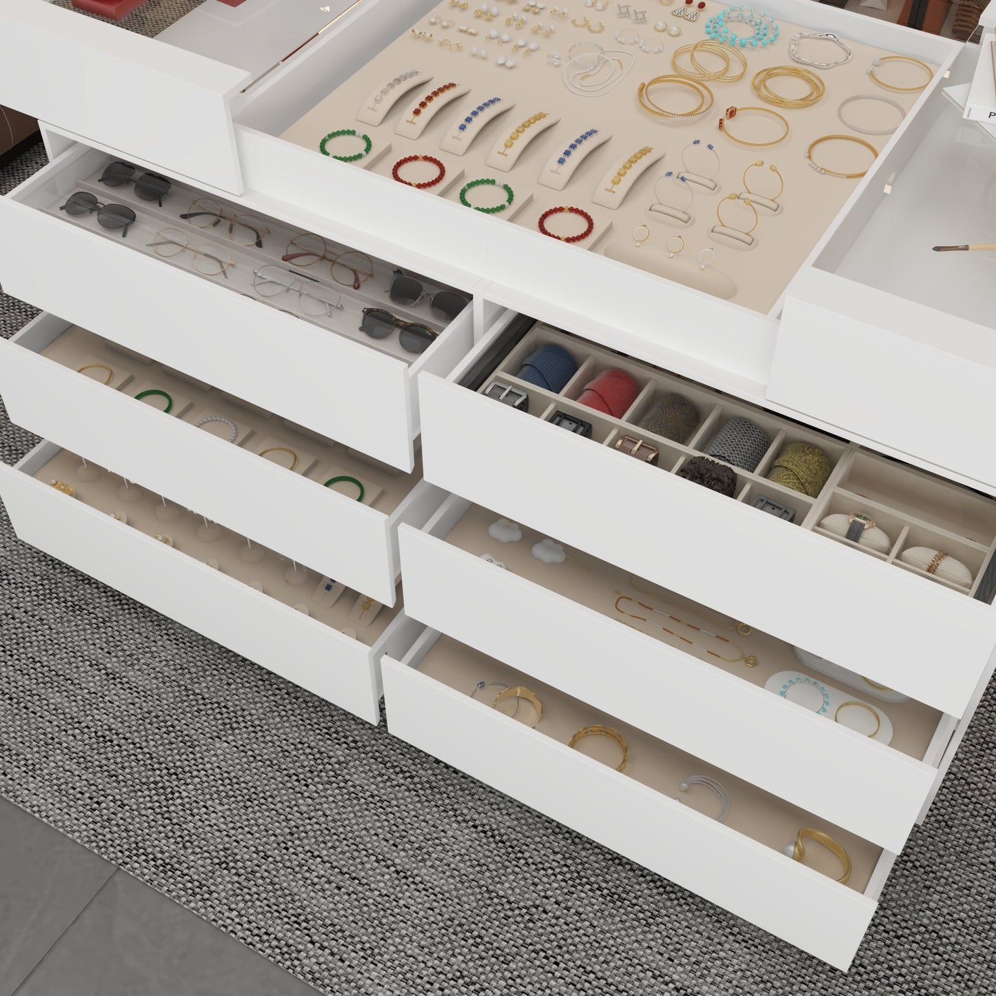 Commode à 12 tiroirs et 1 étagère, au design élégant et au plateau en verre trempé