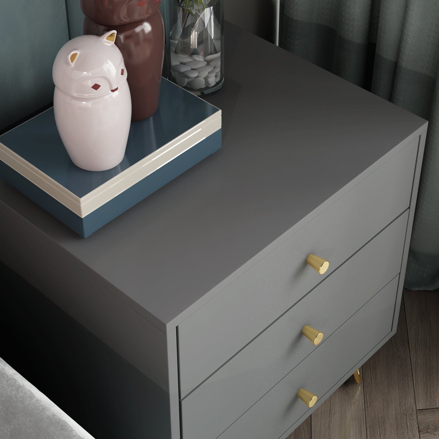 Table de chevet moderne avec pieds en bois massif, table d'appoint minimaliste et polyvalente à 3 tiroirs