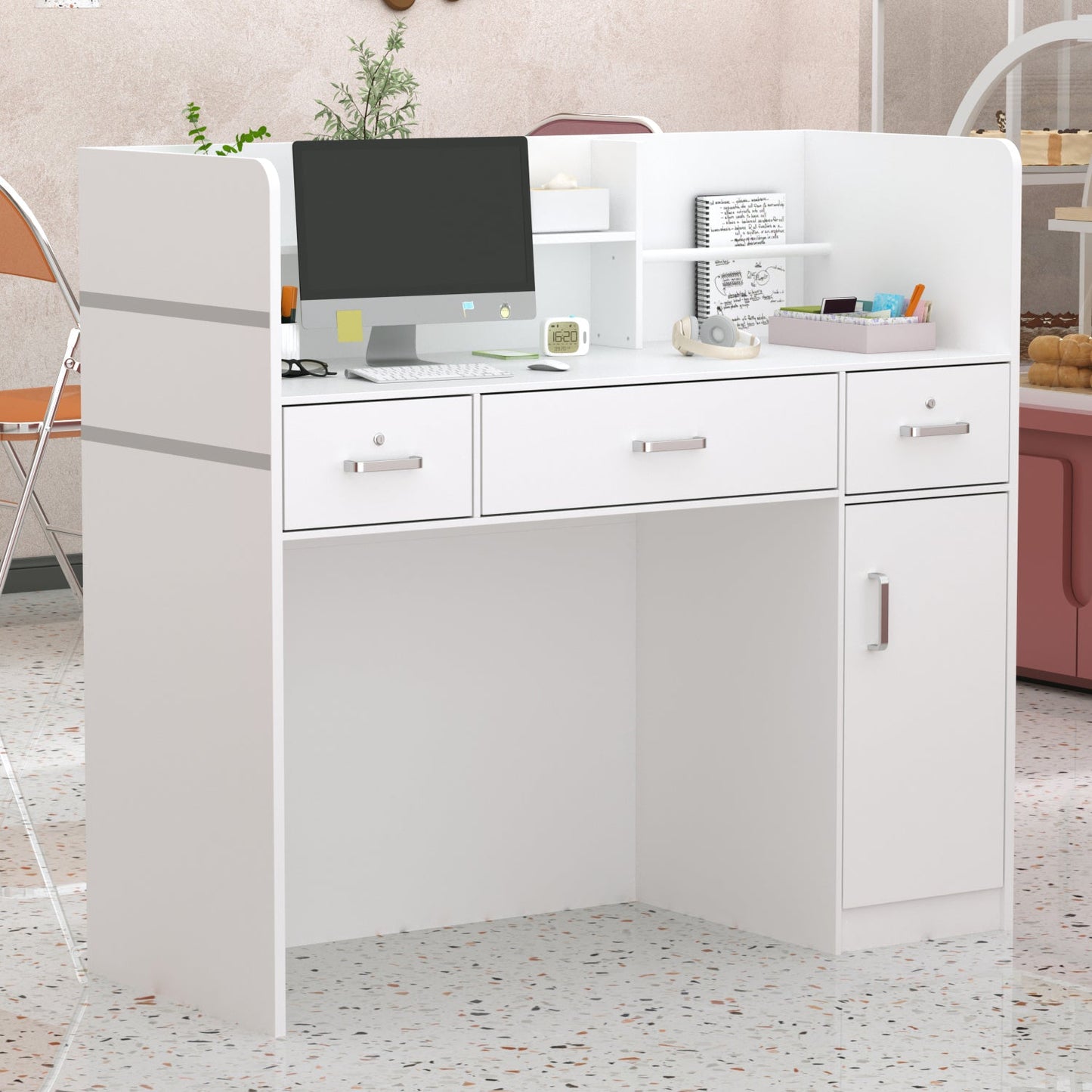 Bureau d'accueil moderne en bois avec armoire de rangement verrouillable, 47 pouces de large. 