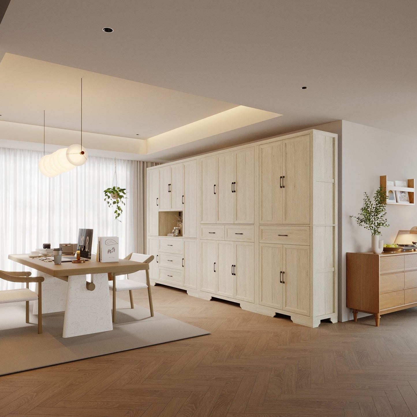 Meuble de rangement modulaire élégant : design épuré et combinaison de compartiments ouverts et fermés.