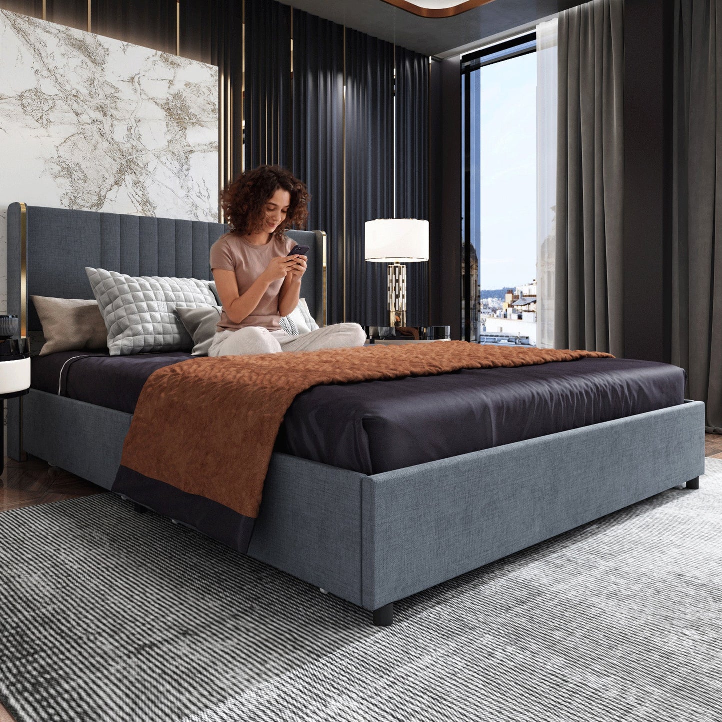 Lit élégant avec cadre durable et tête de lit confortable