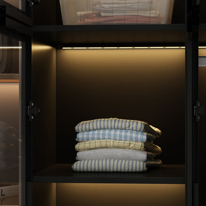Grande armoire de chambre à coucher avec rangement pour vêtements, éclairage LED et portes vitrées