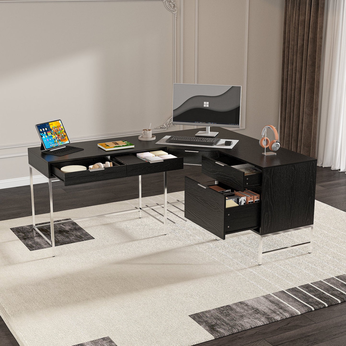 Bureau d'ordinateur en L à 4 tiroirs de 70,8 po de largeur