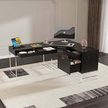 Bureau d'ordinateur en L à 4 tiroirs de 70,8 po de largeur