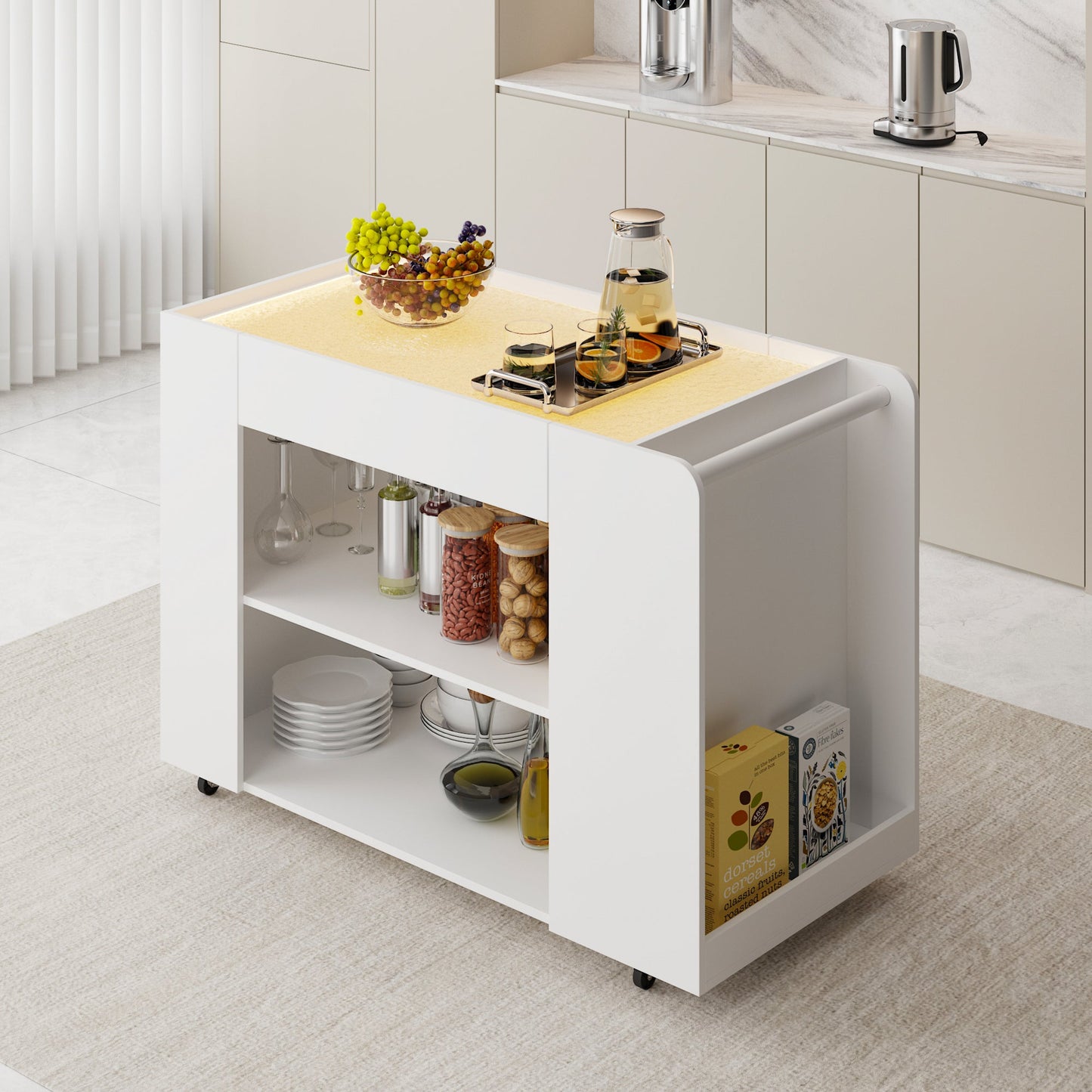 Îlot de cuisine de 47,8 cm de large avec plateau en verre et éclairage intégré