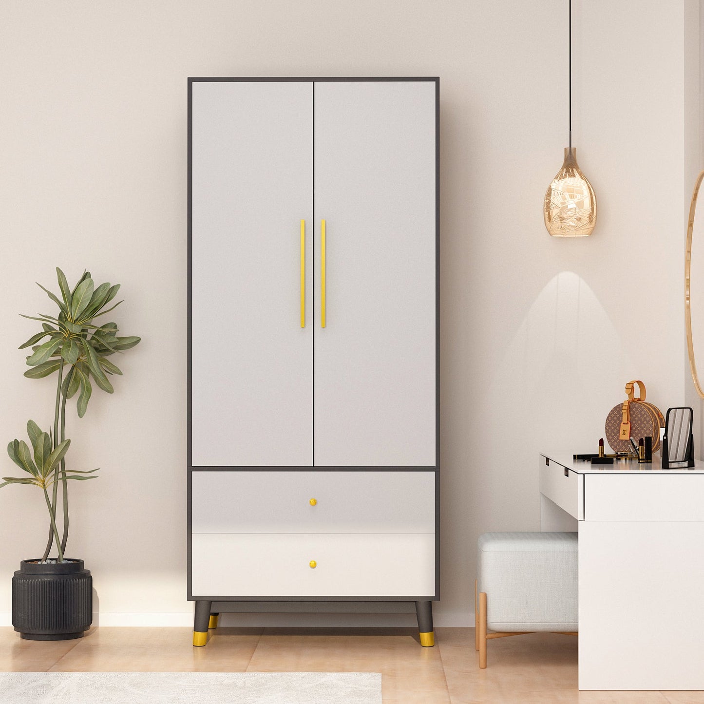 Armoire moderne grand placard de rangement 2 portes 2 tiroirs