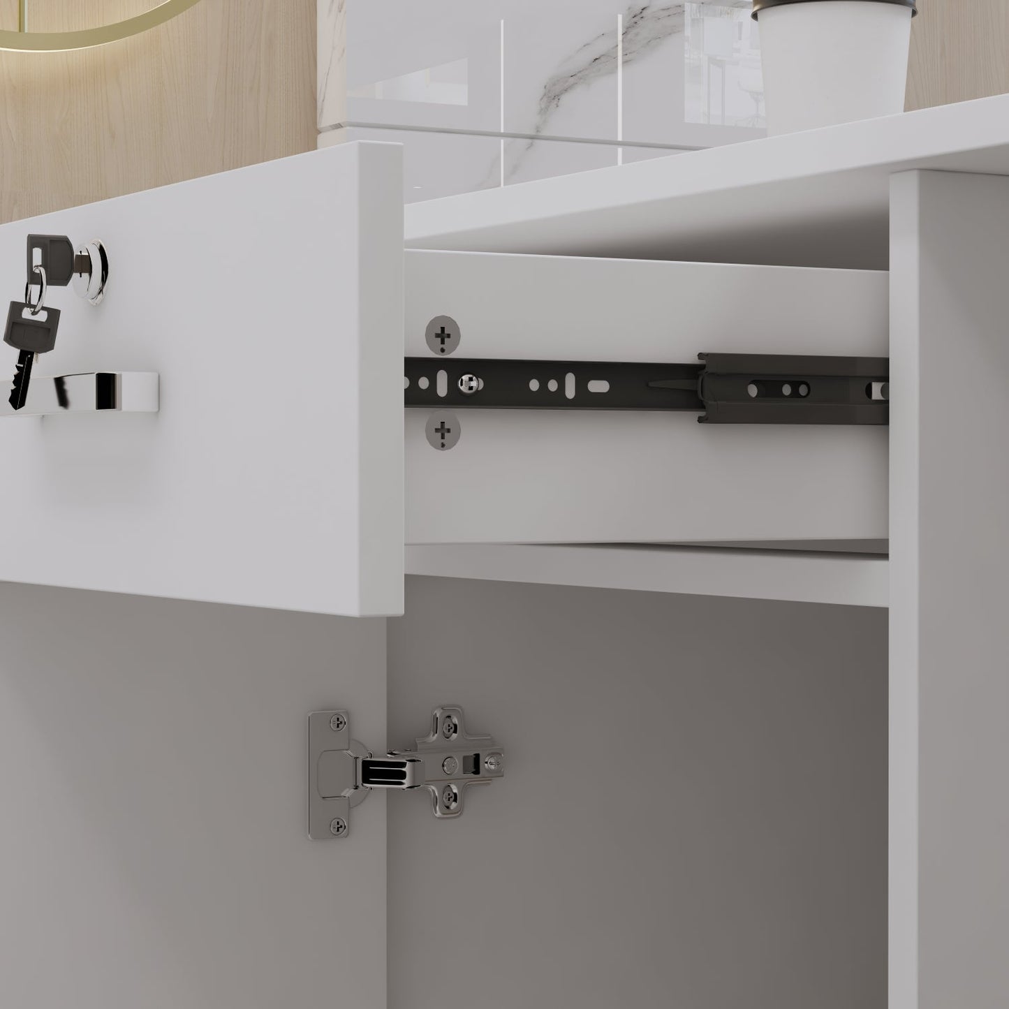 Bureau d'accueil avec comptoir, tiroir verrouillable et étagère