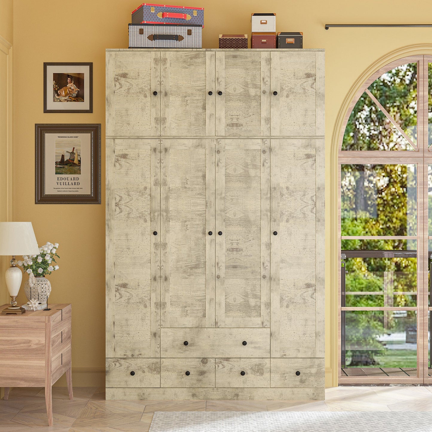 Grande armoire-penderie pour chambre à coucher, meuble de rangement à 4 portes et 5 tiroirs