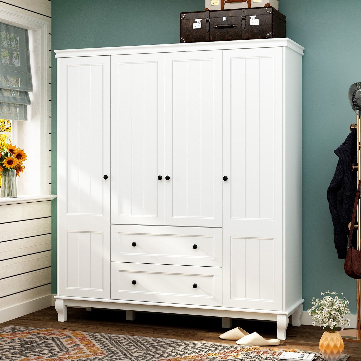 Armoire-penderie avec étagères et tiroirs de rangement, finition blanche, pour chambre à coucher