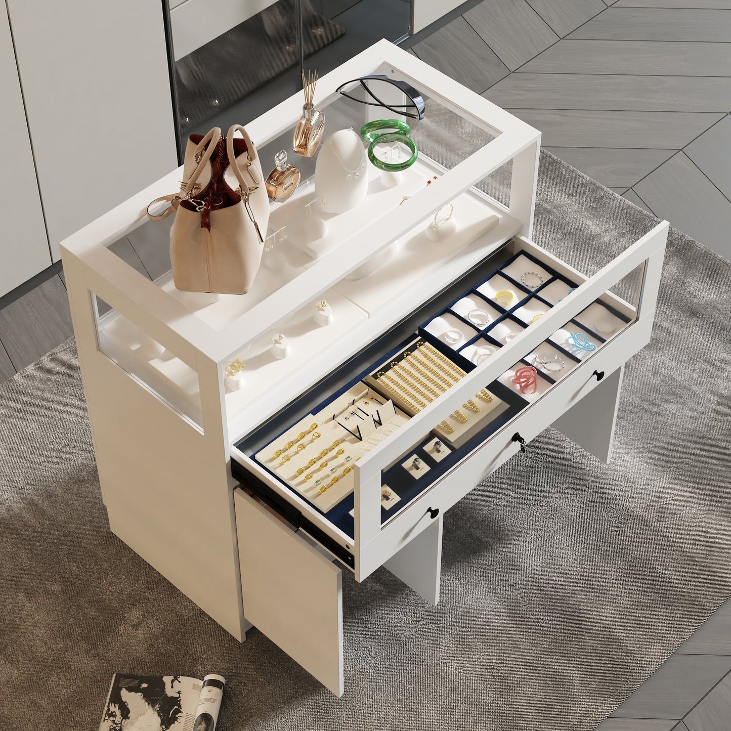 Armoire à bijoux à 1 tiroir et 3 portes avec plateau en verre trempé