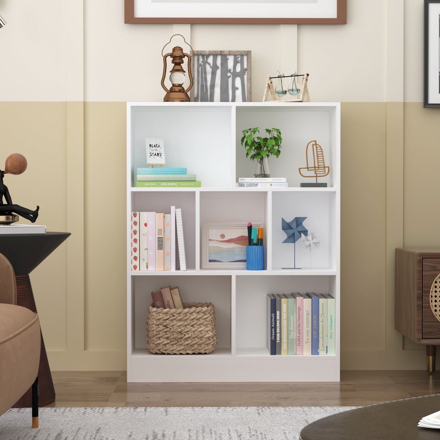 Meuble d'entrée, bibliothèque large pour enfants avec plusieurs compartiments et étagère à 3 niveaux 