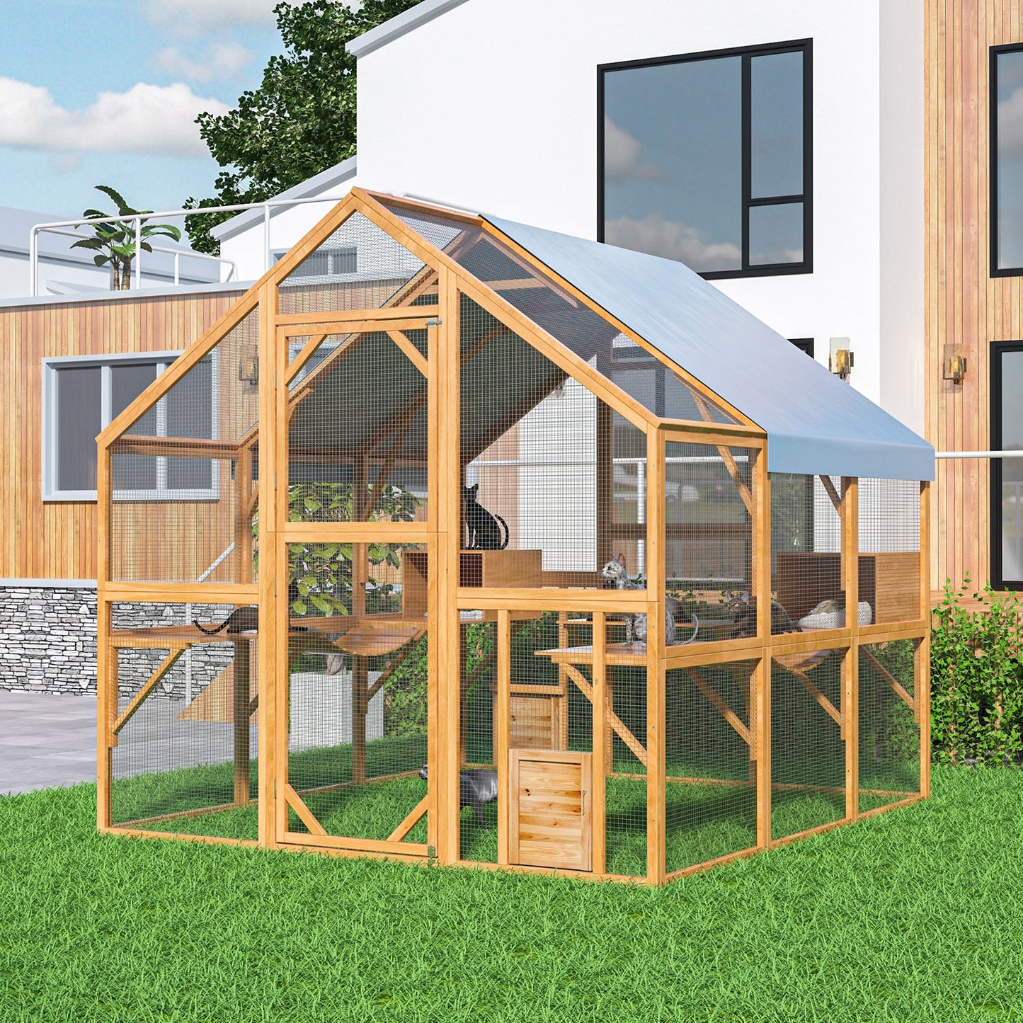 Grand enclos extérieur en bois pour chats, comprenant des niches, des ponts et des allées.