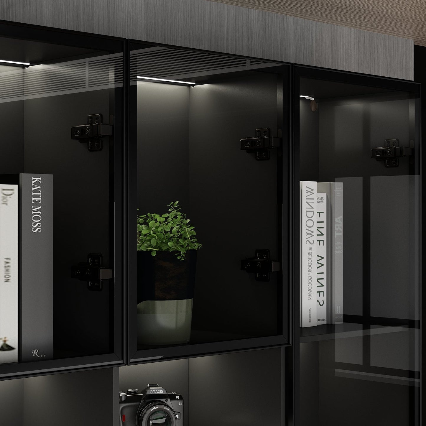 Bureau d'ordinateur de 90,6 pouces de large avec armoires vitrées